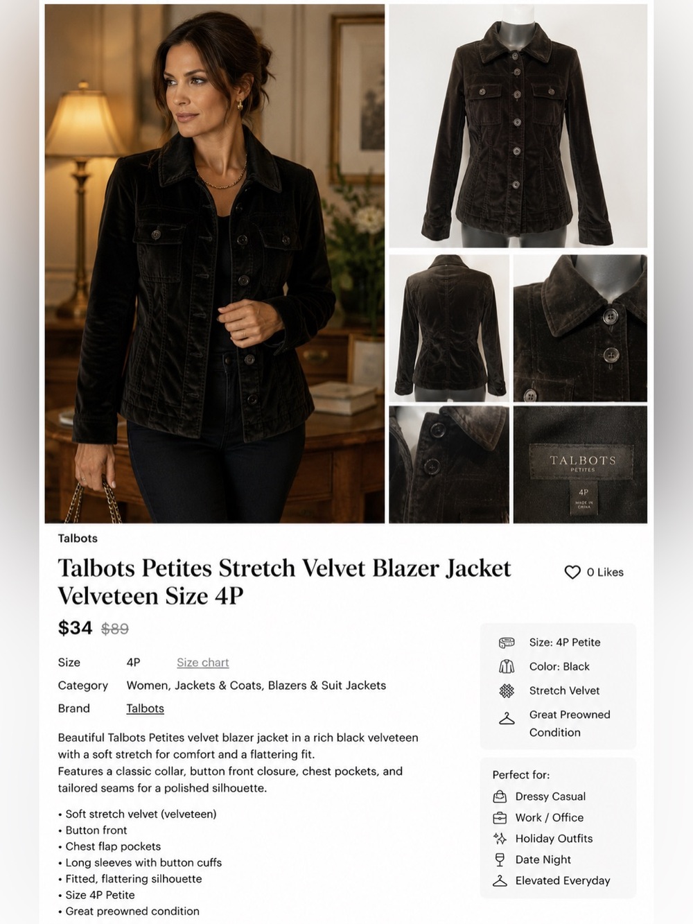 Talbots Petites Stretch Black Velvet Blazer